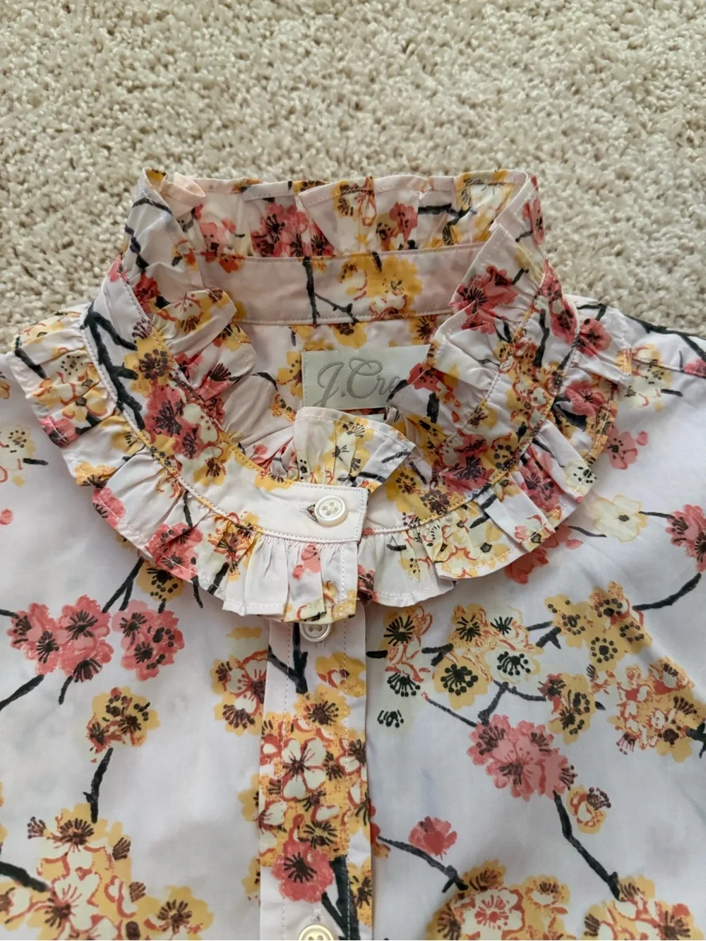 J. CrewFloral Ruffle Collar Button Down Blouse - with Pink & Yellow Floral